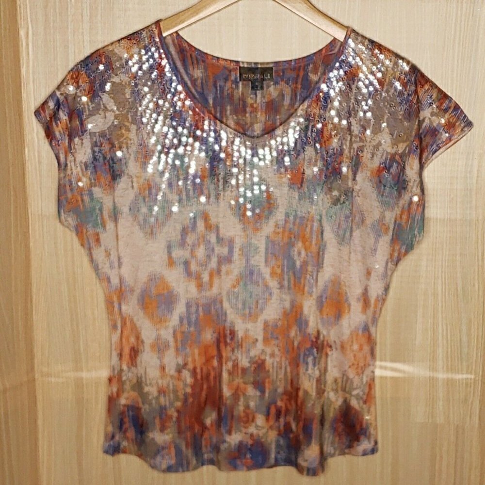 Roz & Ali Womens Linen Blend Aztec Print Top With Sequin Front Detail Small